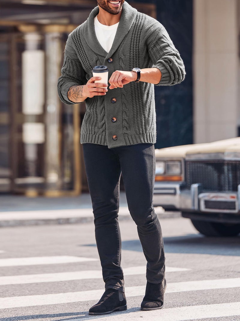 Karlywindow Mens Cable Knit Cardigan Sweater Shawl Collar Loose Fit Long Sleeve Casual Cardigans Grey - Image 3